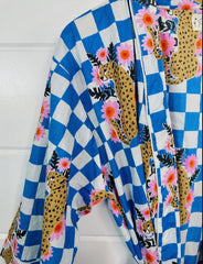 Blue Checkered Print Jaguar Kimono Robe