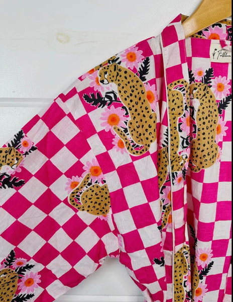 Pink Checkered Print Jaguar Kimono Robe