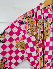 Pink Checkered Print Jaguar Kimono Robe