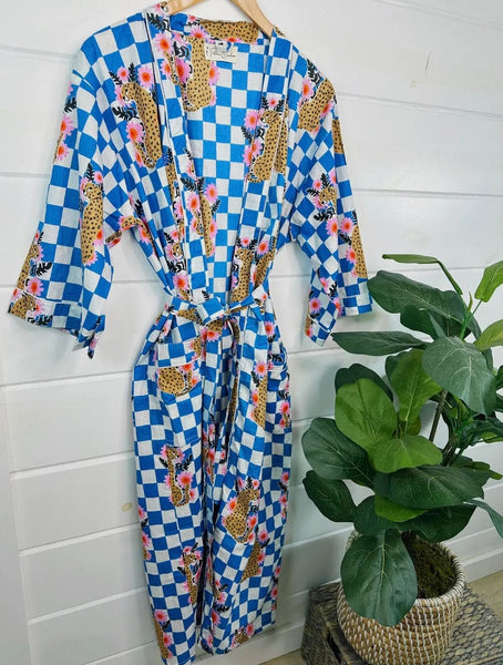 Blue Checkered Print Jaguar Kimono Robe