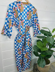 Blue Checkered Print Jaguar Kimono Robe