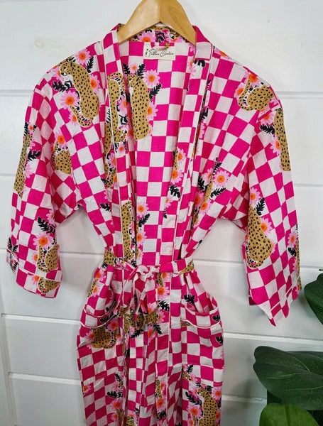 Pink Checkered Print Jaguar Kimono Robe