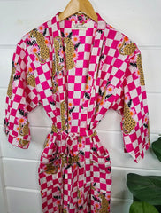 Pink Checkered Print Jaguar Kimono Robe