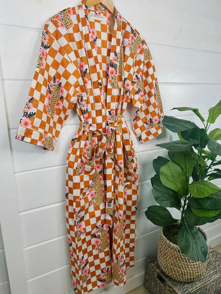 Yellow Checkered Print Jaguar Kimono Robe