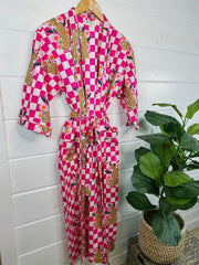 Pink Checkered Print Jaguar Kimono Robe