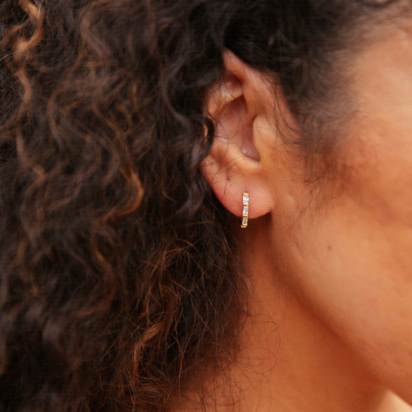 Crystal Baguette Huggie Earrings in 14kt Gold