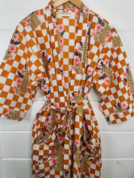 Yellow Checkered Print Jaguar Kimono Robe