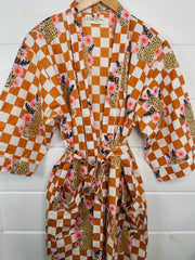 Yellow Checkered Print Jaguar Kimono Robe