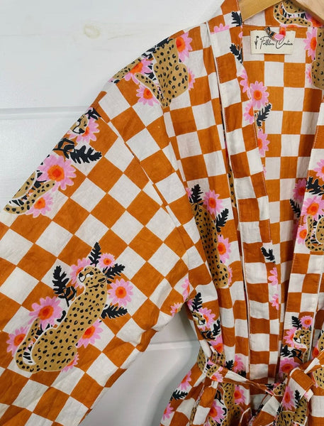 Yellow Checkered Print Jaguar Kimono Robe