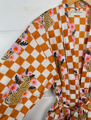 Yellow Checkered Print Jaguar Kimono Robe