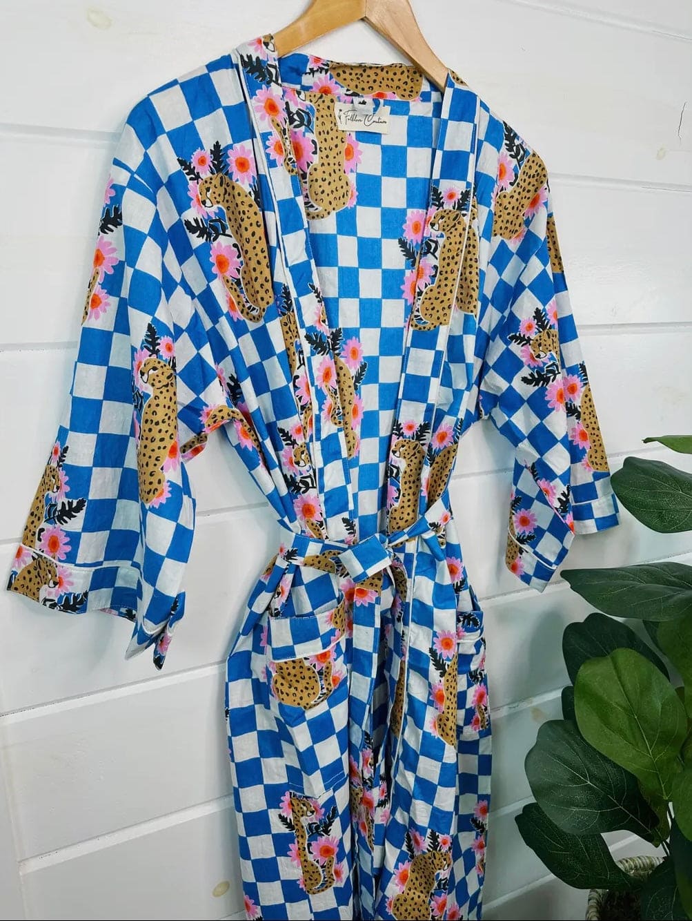Blue Checkered Print Jaguar Kimono Robe