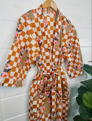 Yellow Checkered Print Jaguar Kimono Robe