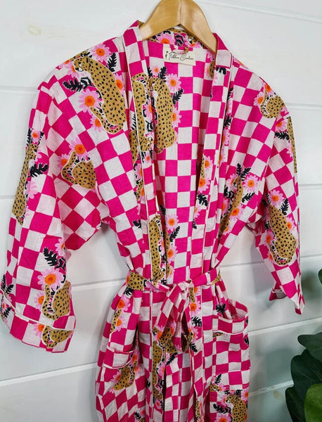 Pink Checkered Print Jaguar Kimono Robe