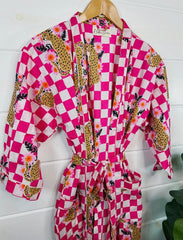 Pink Checkered Print Jaguar Kimono Robe