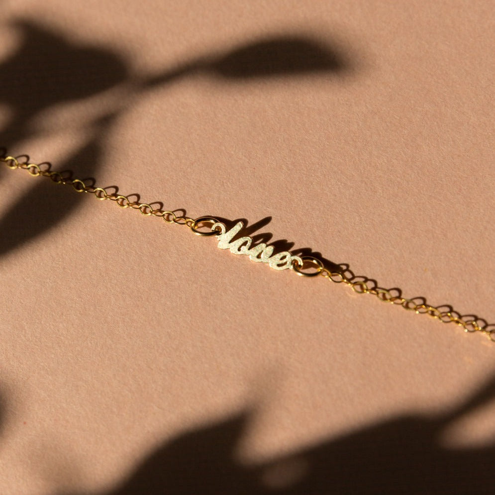 Elegant Love Script Bracelet with 14kt Gold Filled Chain
