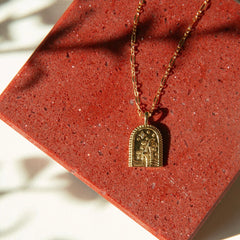 Intricate Domed Desertscape Necklace with palm tree design and 14kt gold filled chain.