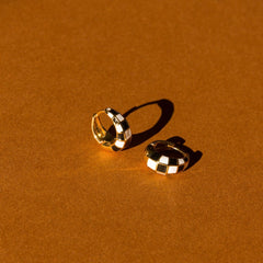Stylish Black and White Checker Huggie Earrings with Gold Overlay