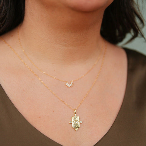 Elegant Illumine Sunburst Necklace with Crystal Burst Pendant on 14kt Gold Filled Chain