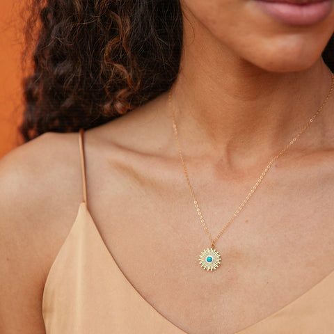 Retro Charm Turquoise Mid-Century Sun Necklace with Gold Filled Chain