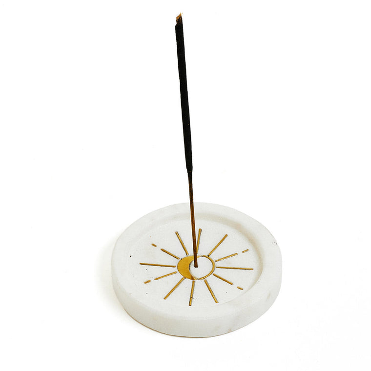 Indukala Round Moon Incense Holder - White Carved Marble
