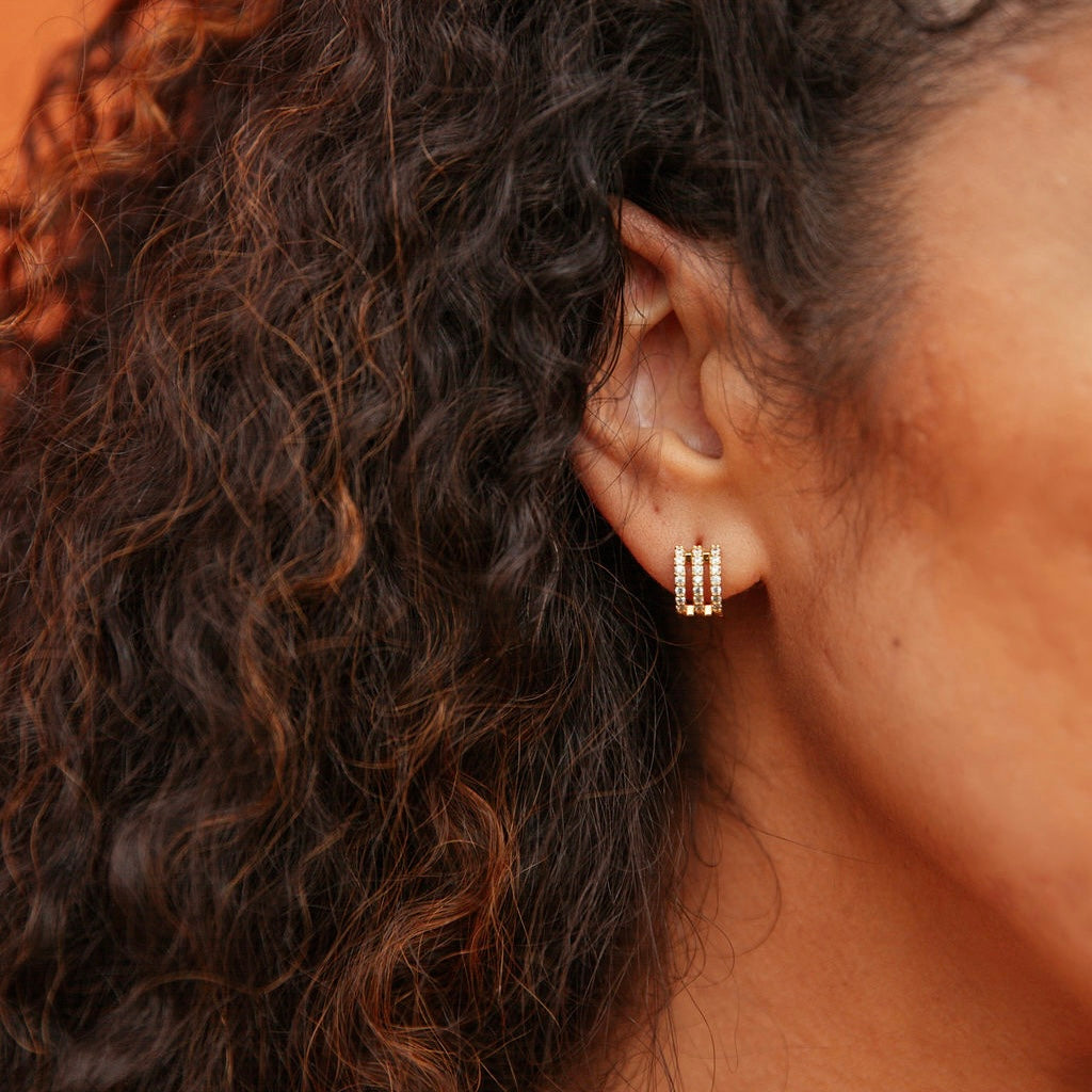 Glamorous Triple Crystal Row Hugger Hoops in Bronze with Gold Overlay