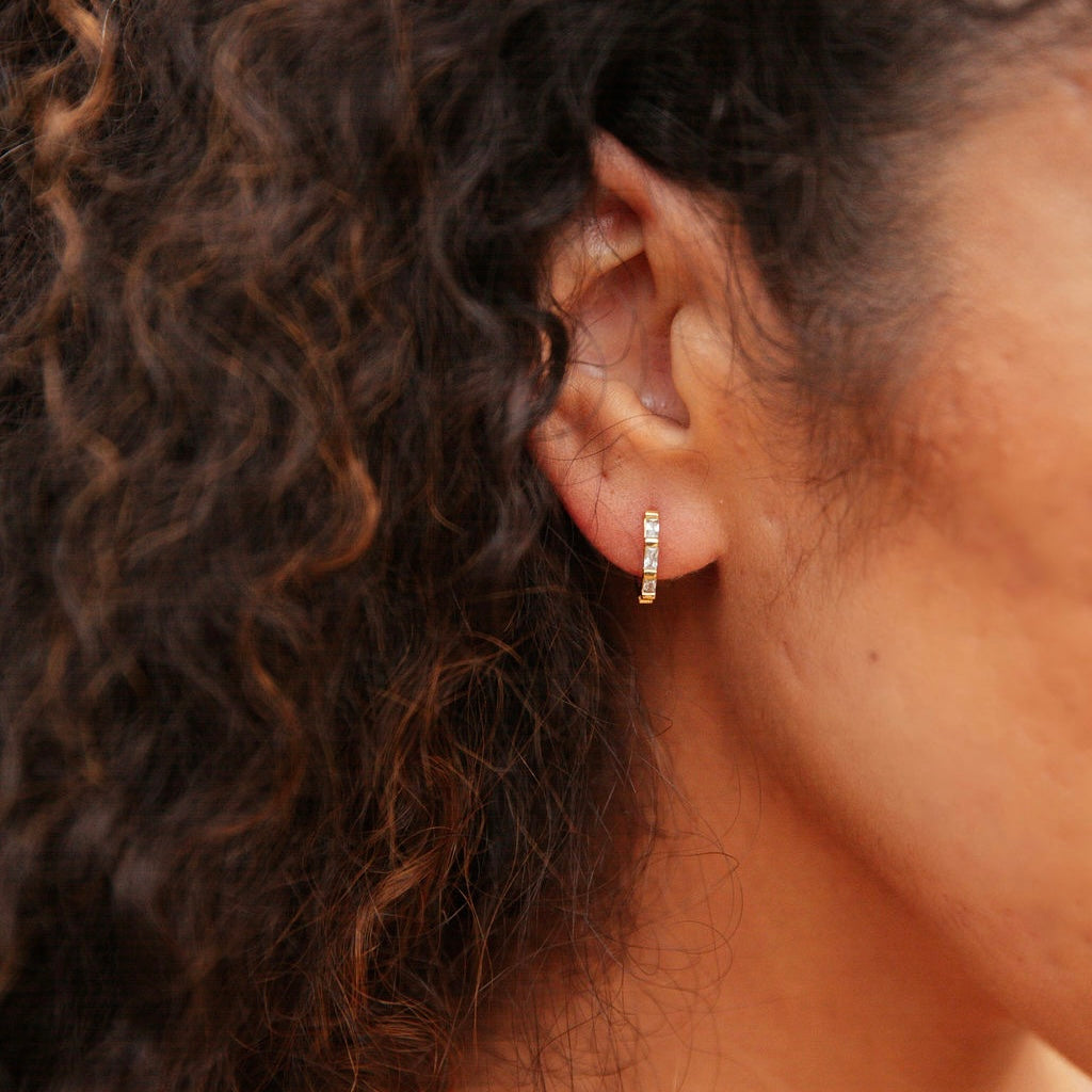 Crystal Baguette Huggie Earrings in 14kt Gold