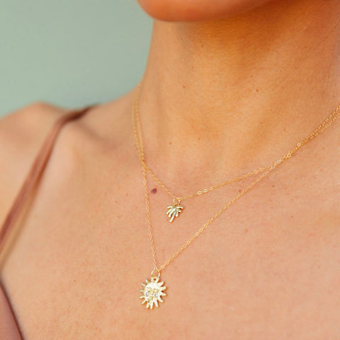 Trendy Double Layer Necklace with Sun and Palm Tree Charms
