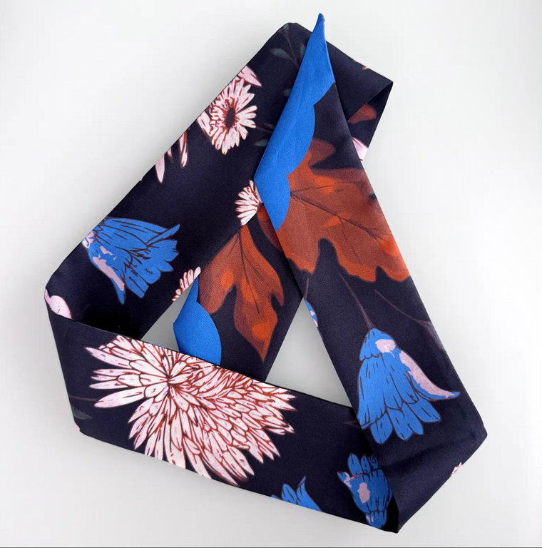 Skinny Silk Scarf Midnight Wild Flower Garden