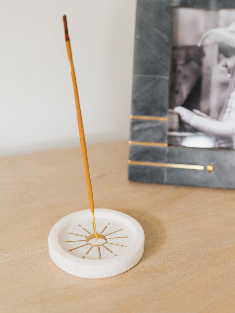 Indukala Round Moon Incense Holder - White Carved Marble
