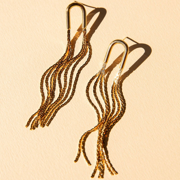 Elegant Tubed Tassel Statement Earrings with Gold Overlay