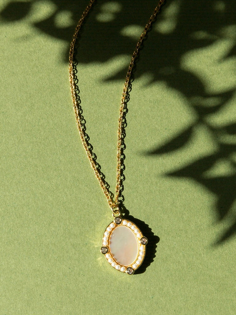 Luxurious Oval Pendant Necklace with Pearls and Crystals on 14kt Gold Filled Chain