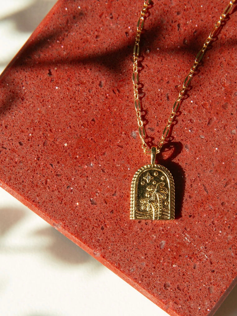 Intricate Domed Desertscape Necklace with palm tree design and 14kt gold filled chain.