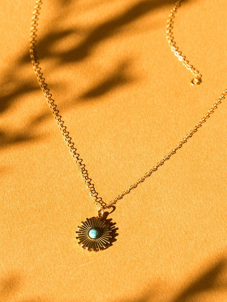 Elegant Sunburst Pendant Necklace with Turquoise Center and 14kt Gold Overlay