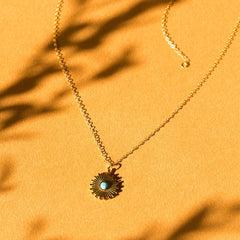 Elegant Sunburst Pendant Necklace with Turquoise Center and 14kt Gold Overlay