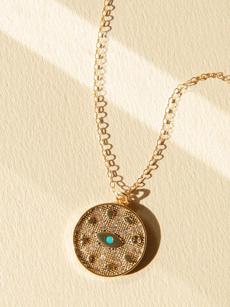 Lucky Charm Coin Necklace with Global Symbols on 14kt Gold Filled Chain
