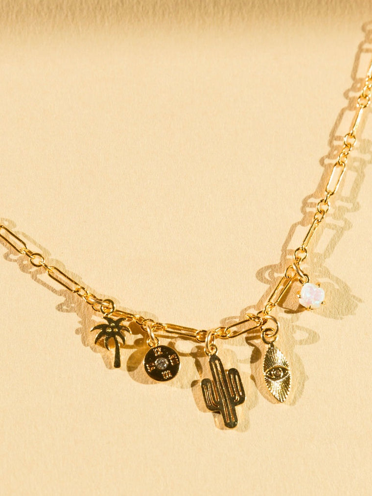 Desert Charms Necklace with Cacti and Sunburst on 14kt Gold Filled Chain