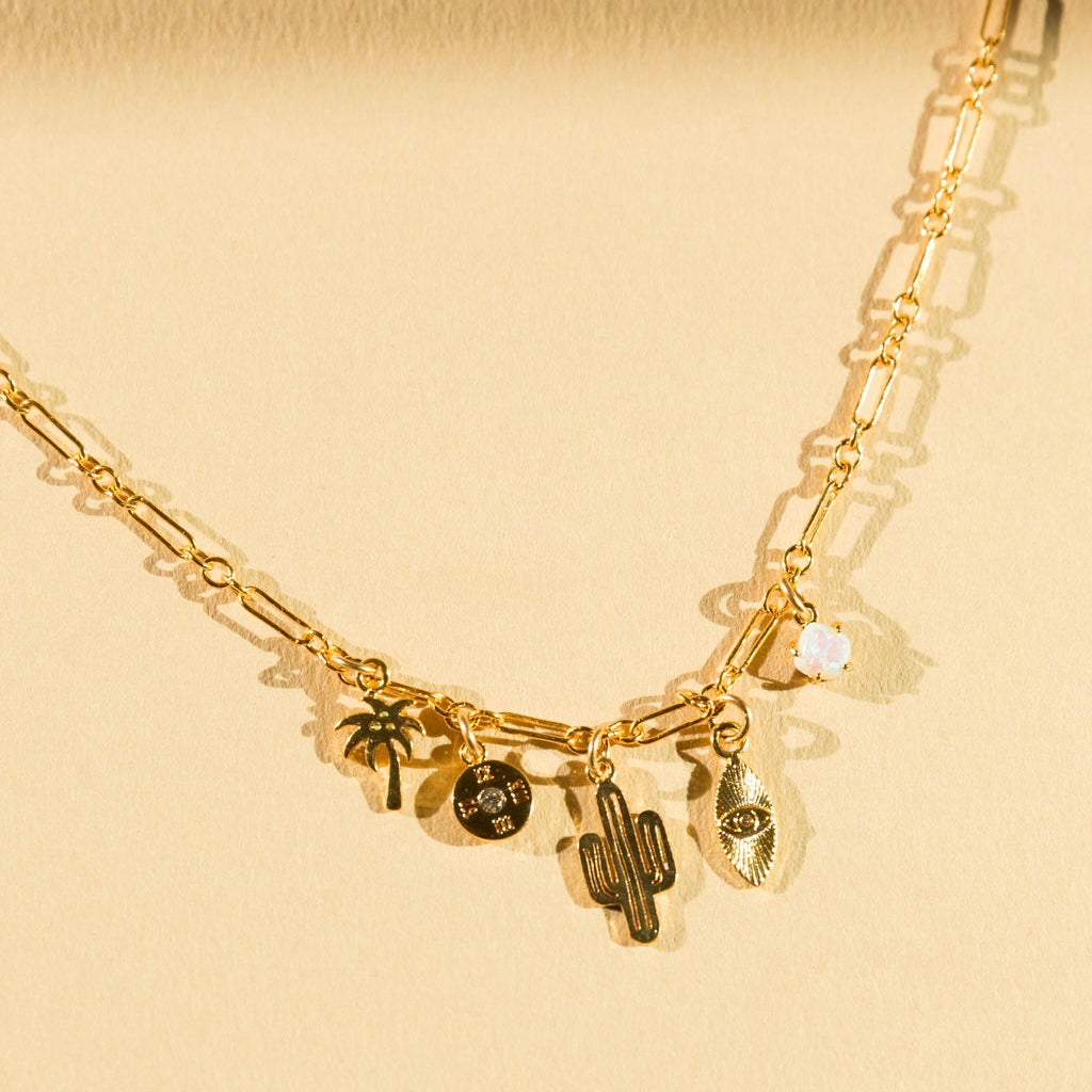 Desert Charms Necklace with Cacti and Sunburst on 14kt Gold Filled Chain