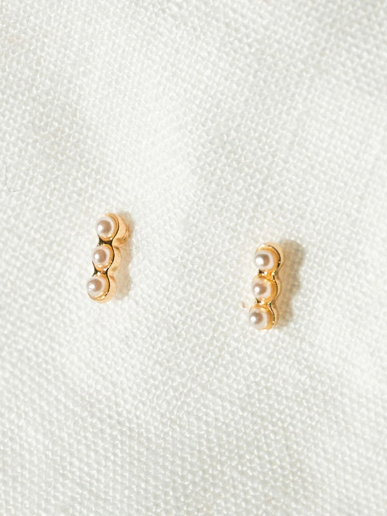 Elegant Triple Pearl Bar Stud Earrings with Gold Overlay