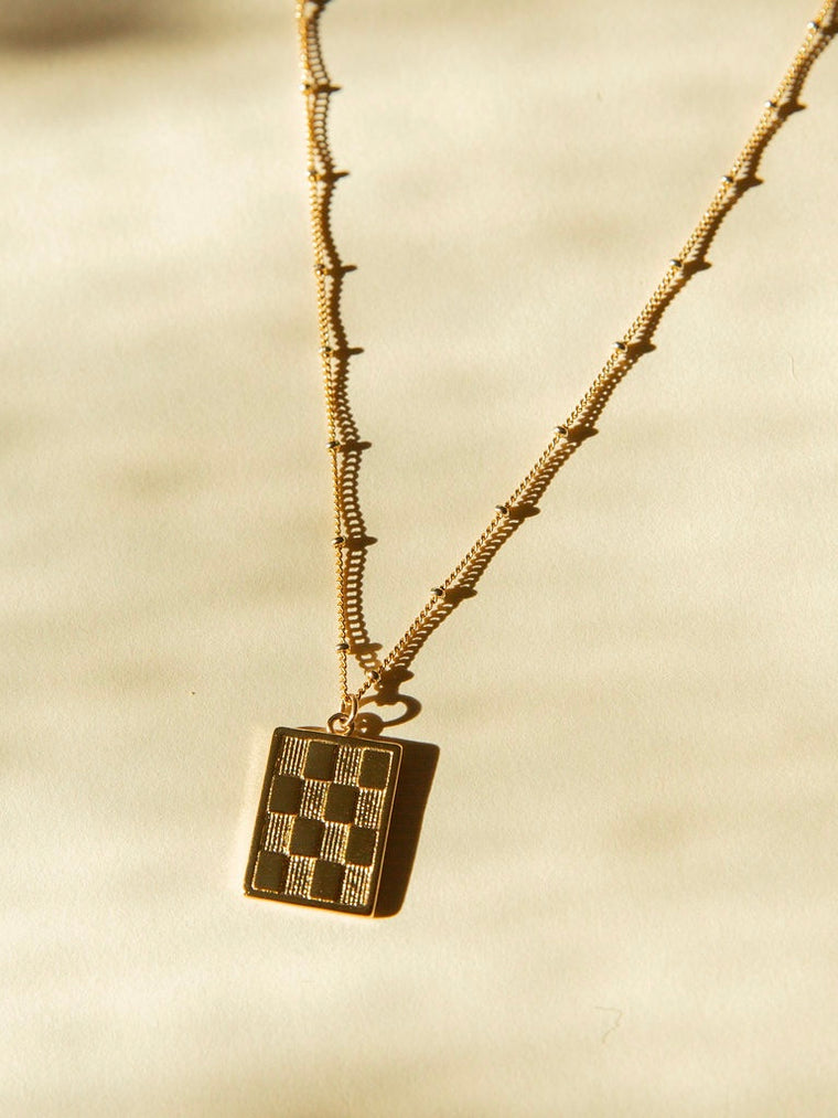 Modern Rectangle Checked Necklace with 14kt Gold Overlay Chain