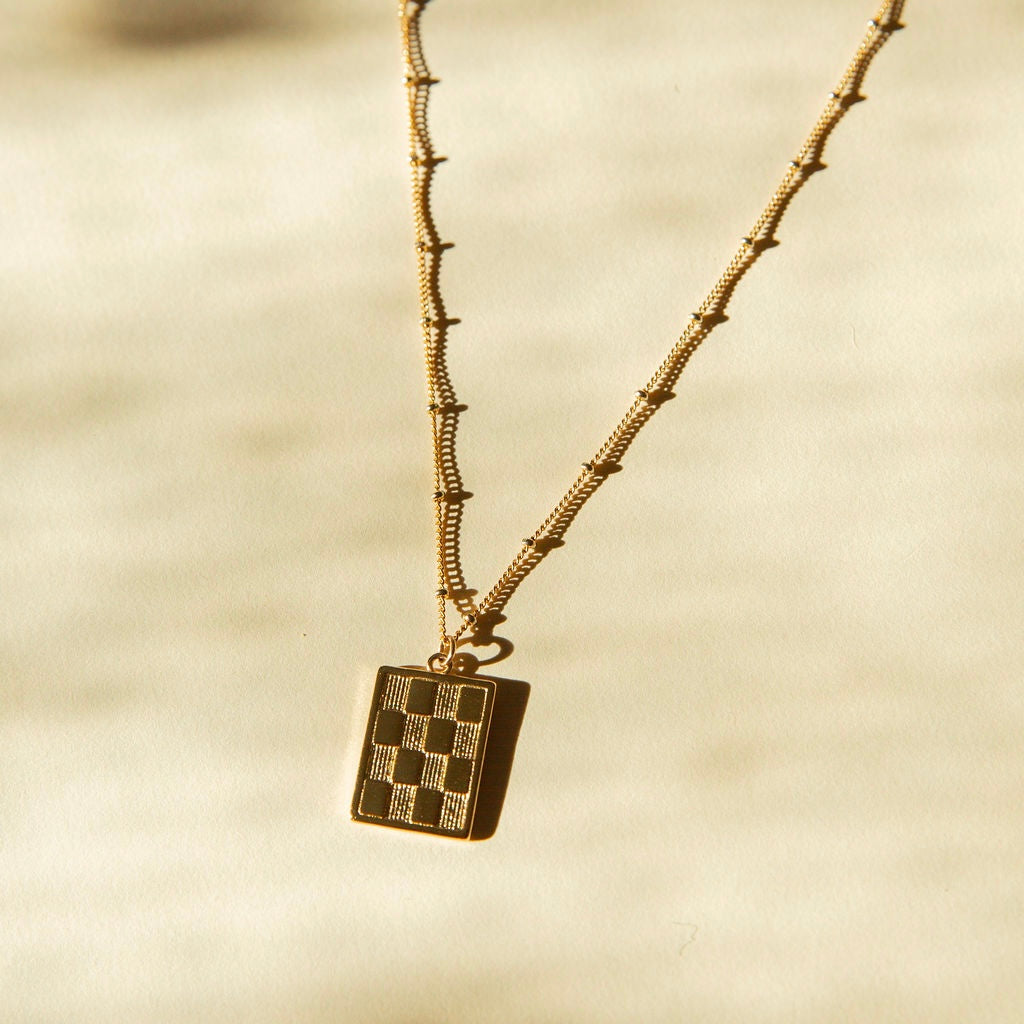 Modern Rectangle Checked Necklace with 14kt Gold Overlay Chain