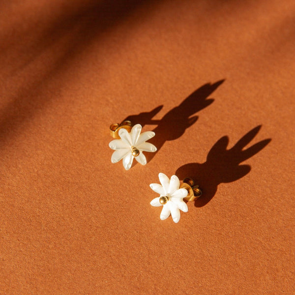 Intricate Mother of Pearl Daisy Stud Earrings with Floral Jacket