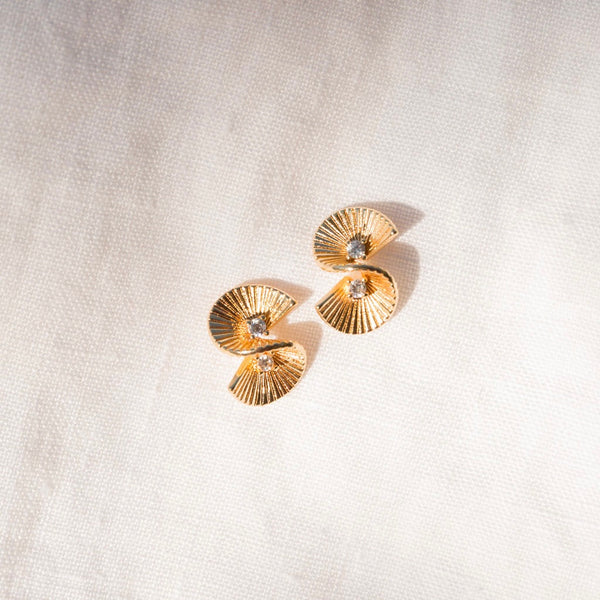 Intricate Art Deco Fan Stud Earrings with Gold Overlay