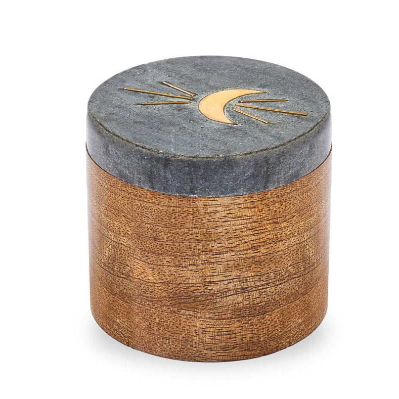 Indukala Moon Phase Round Keepsake Box - Black Marble, Wood, Brass