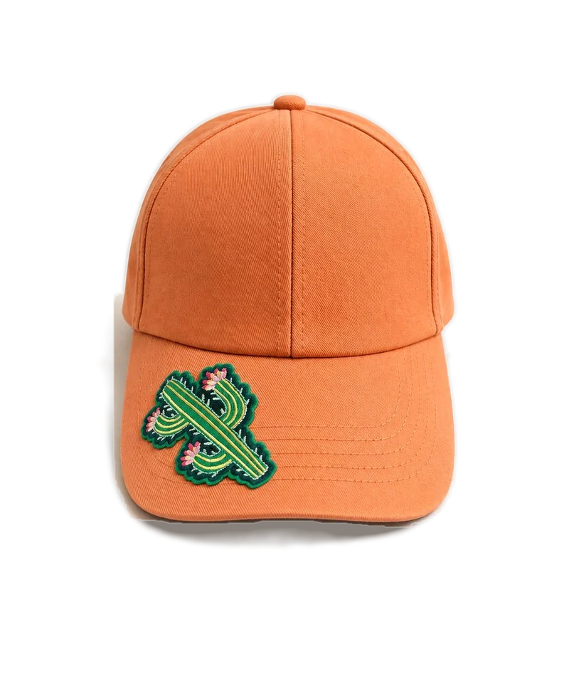 An orange cap with a single cactus patch on the bill