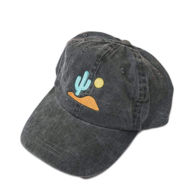 Unstructured black cap with cactus emblem and adjustable tri-glide buckle closure.