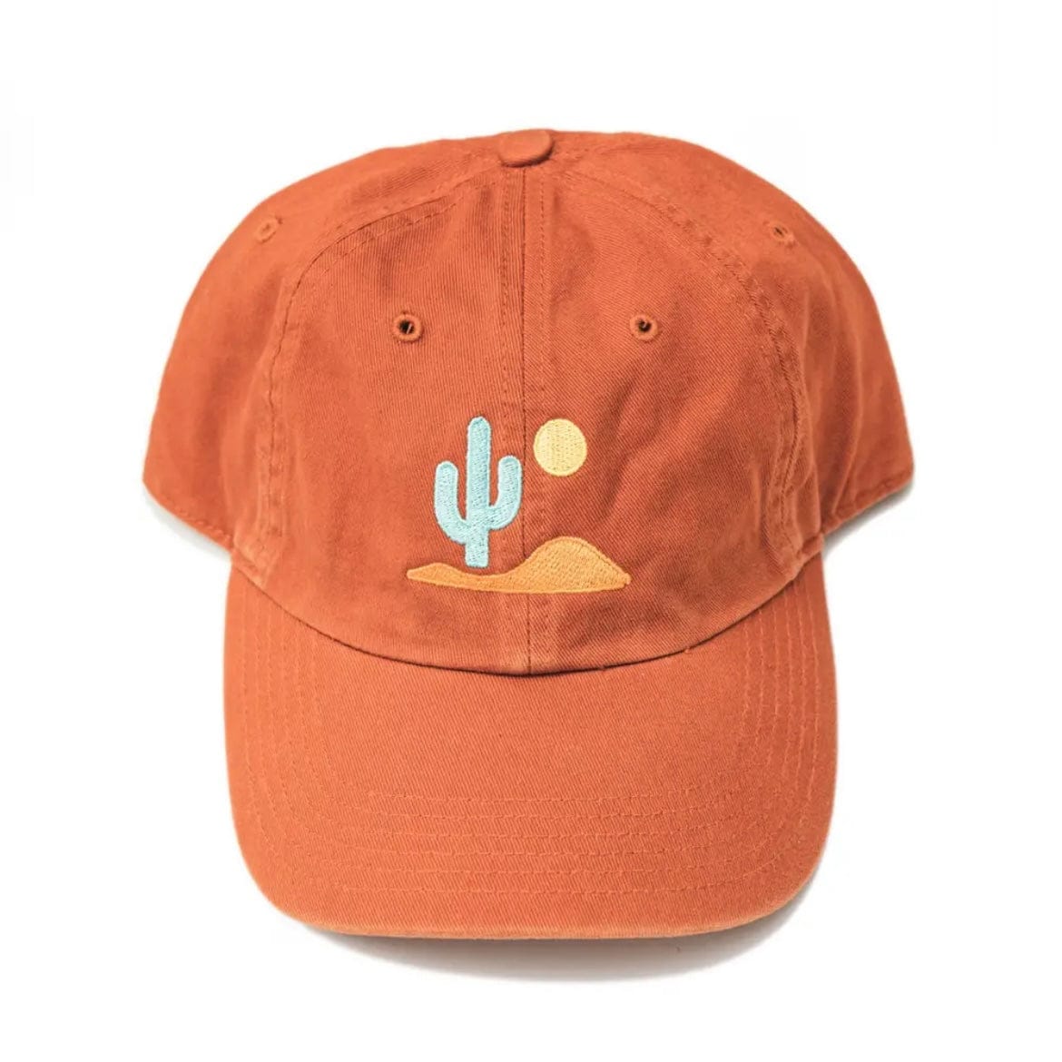 Rust-colored cactus hat with desert embroidery on 100% cotton twill